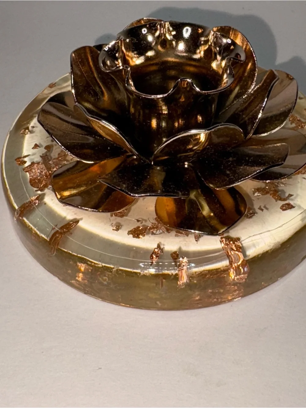Vintage Lucite Candle Holder Gold Toned Rose Flower Gold Flecks 3” MCM